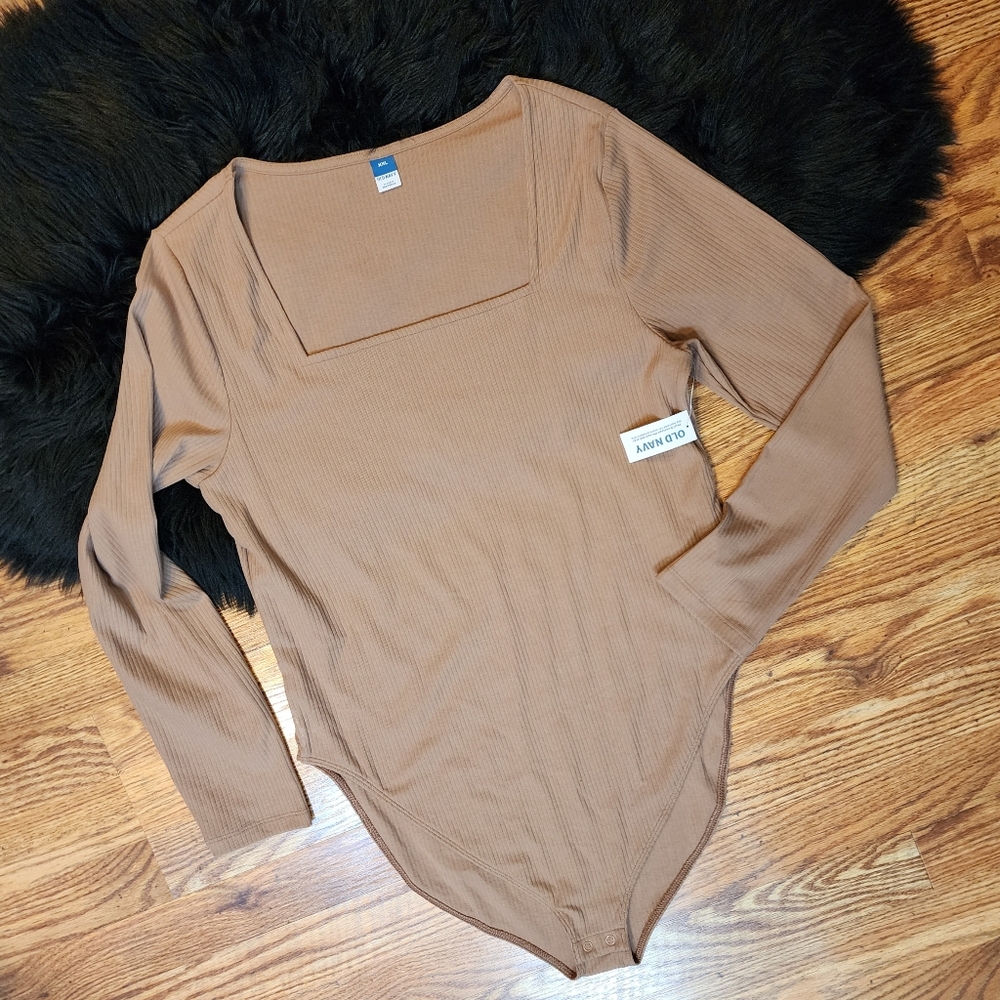 NWT Tan Long Sleeve Square Neckline Ribbed Bodysuit Women's XXL